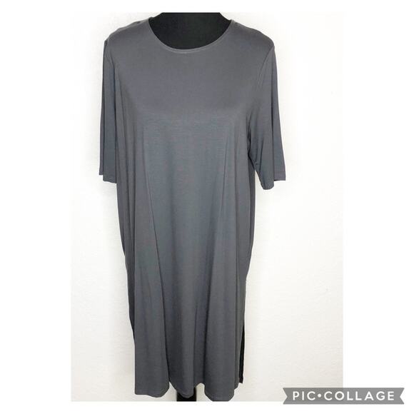 Eileen Fisher charcoal gray high low slit hem jersey knit dress size Large - Picture 1 of 12